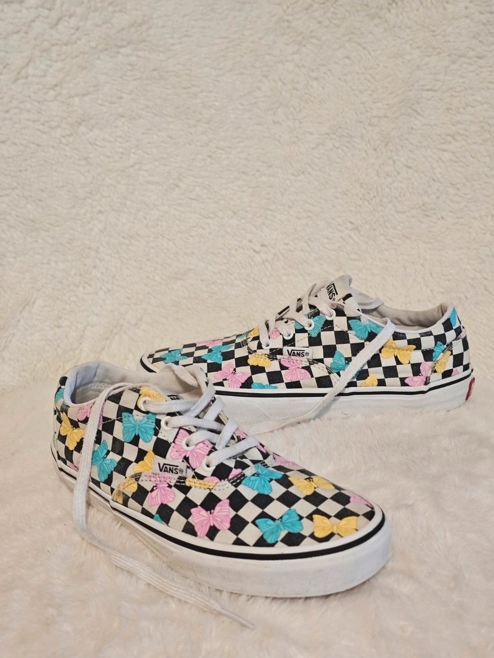 Vans Kids Checkerboard Sneakers with Pink, Yellow & Teal Butterflies